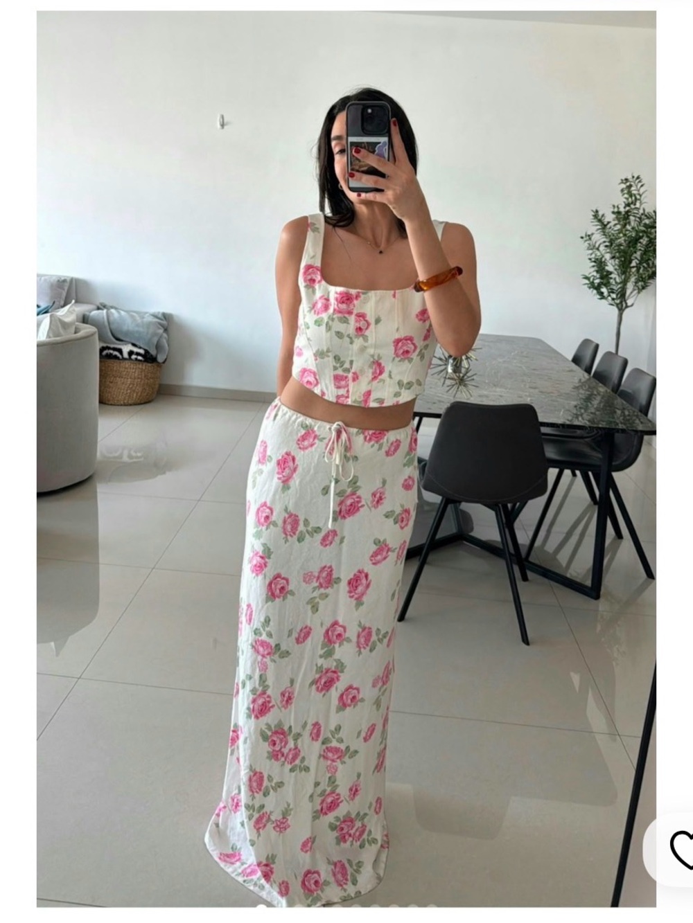 SET Wayf Pink Rose top and Print Midi Skirt with Drawstring